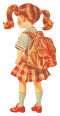 PNG Vintage illustration girl tartan plaid bag.