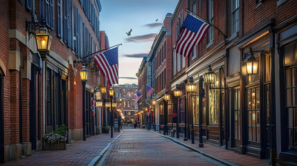 Obraz premium Historic Boston Street with Brick Buildings, Old-Fashioned Lamps, and American Flags