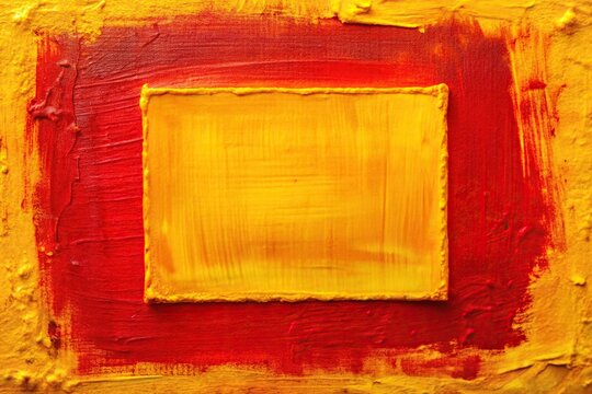 Abstract painting with yellow and red rectangles layered in dynamic composition