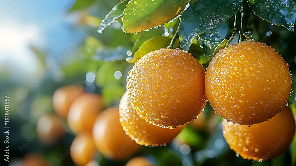 Poster close-up of fresh oranges with dew on a tree branch.