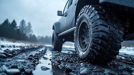 Naklejka premium Close-up of rugged tire on a muddy road in a winter landscape.