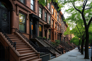 A tree-lined street with classic brownstone buildings, featuring ornate facades, staircase entrances, and black wrought-iron railings. The sidewalk is well-maintained and clean.