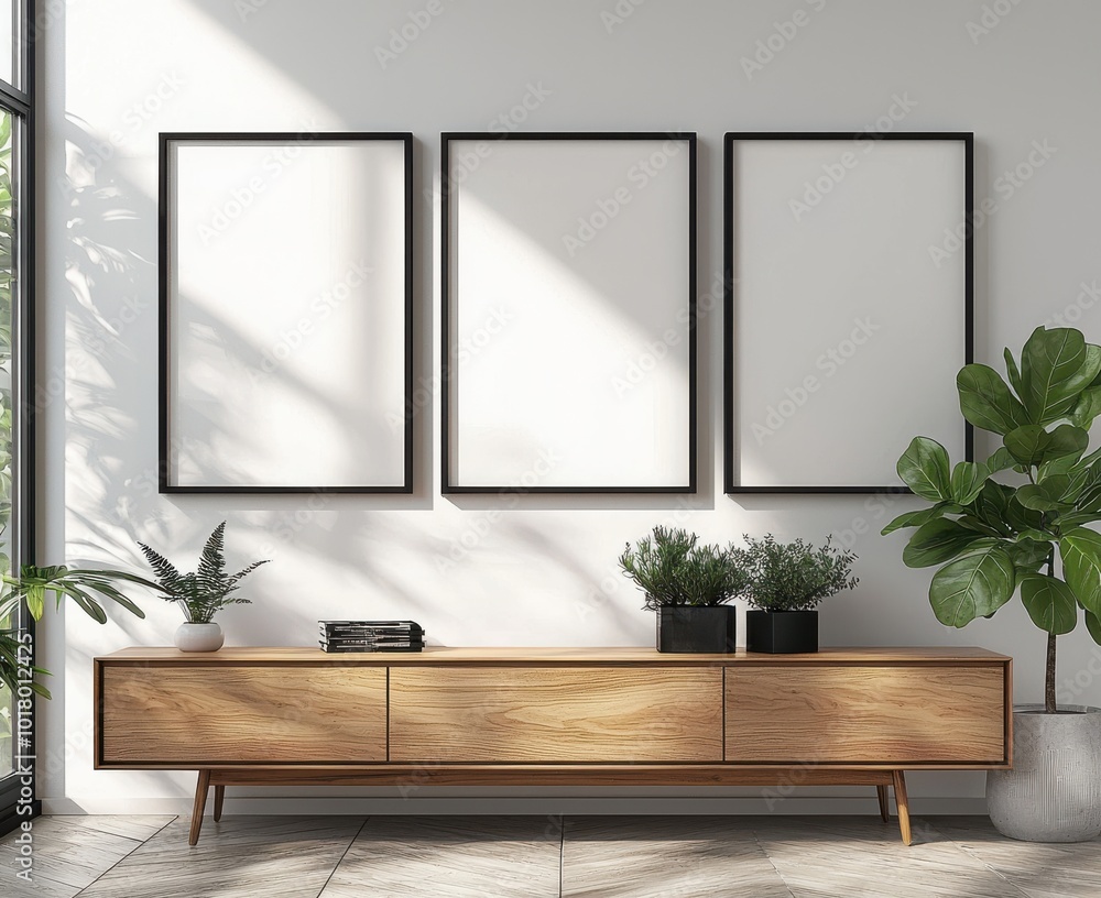 Wall mural modern interior with three minimalist white poster frames on wall above elegant wooden sideboard, co