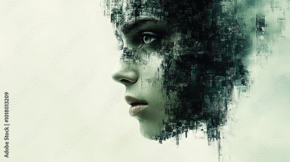 Poster a captivating digital portrait of a face in profile, blending into abstract geometric patterns, conv