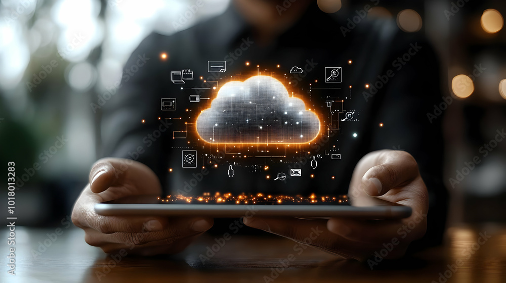 Aufkleber cloud computing concept with digital icons emerging from a tablet.