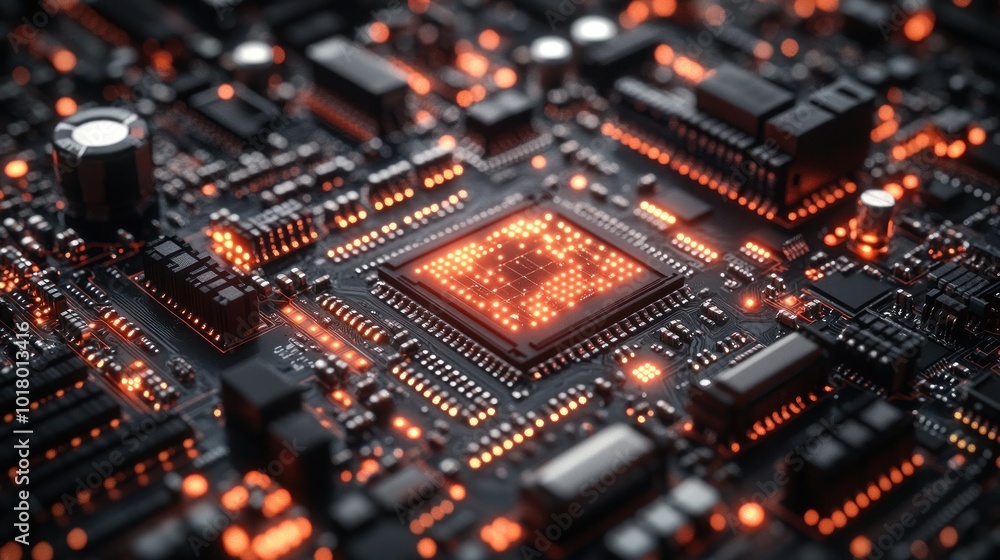 Poster close-up of a circuit board with glowing components.