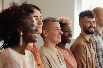 Obraz premium Diverse group of people smile proudly, conveying unity, friendship, and shared aspirations in a warm community setting.