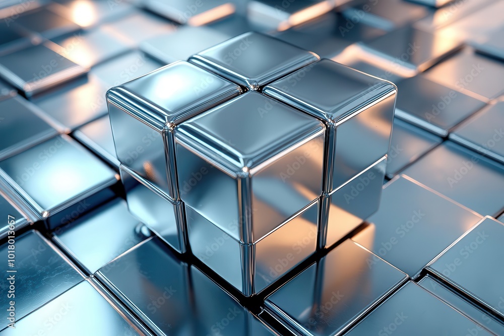Poster a striking metallic cube sitting on a reflective surface, showcasing an abstract arrangement of shin