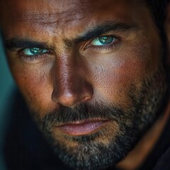 Obraz premium A striking portrait of a man with intense green eyes and a rugged beard, showcasing deep emotion and captivating features.