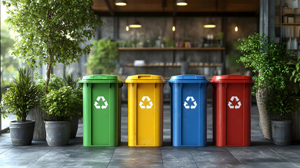 Colorful recycling bins in a green indoor space.