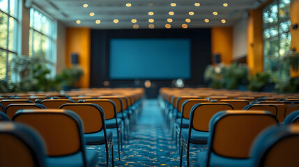 Conference room setup with chairs and a screen for presentations.