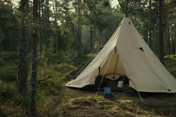 A triangular tent stands amidst a clearing in a sunlit forest, inviting restful reprieve and the simplicity of outdoor living.