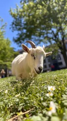 Naklejka premium A playful goat grazing in a sunny park, surrounded by green grass and blooming flowers.