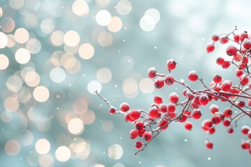 Vibrant red berries coated in snow contrast sharply with a soft bokeh background, evoking a sense of festive joy and serene winter beauty.