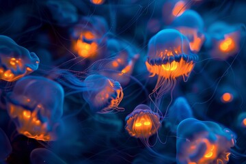 Glowing jellyfish float gracefully in the dark ocean depths, their ethereal forms illuminating the surrounding water.