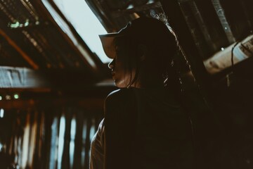 A person silhouetted in a dimly lit, rustic space, suggesting introspection and solitude.