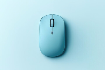 Modern wireless computer mouse in a minimalist style on a matching light blue background, viewed from above.