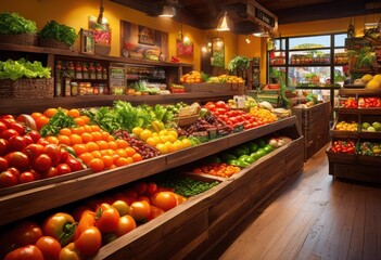 lively display food shelves bursting vibrant colorful ingredients showcasing variety fresh produce groceries, abundance, array, artwork, beautiful, bright