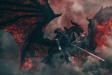 A fierce armored dragon warrior brandishes a glowing sword amidst fiery clouds, exuding power and mythical allure.