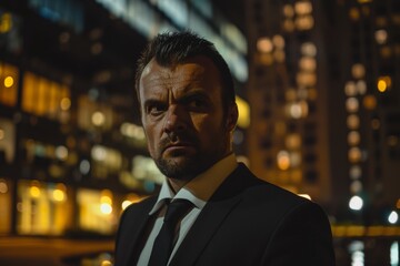 Obraz premium A determined man in a suit gazes with intensity, surrounded by the vibrant glow of city lights, reflecting a modern and ambitious spirit.