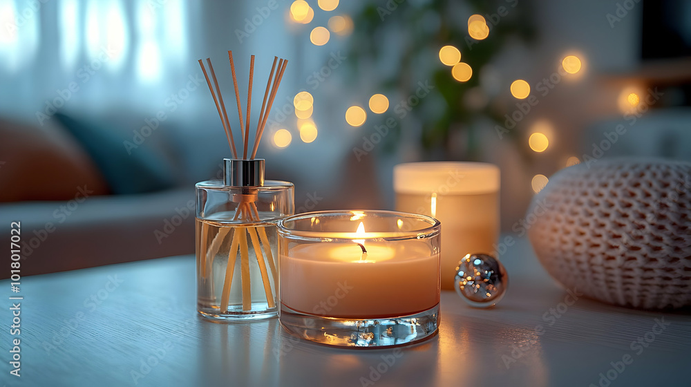 Poster cozy scene with candles and diffuser creating a warm atmosphere.