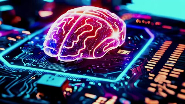 A glowing brain shaped like a circuit board sits atop a dark motherboard with blue and pink highlights.