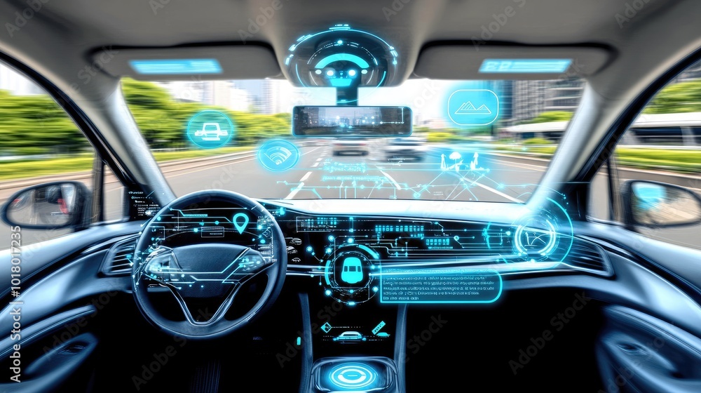 Poster a self-driving car's dashboard filled with ai and sensor data, showcasing autonomous vehicle technol