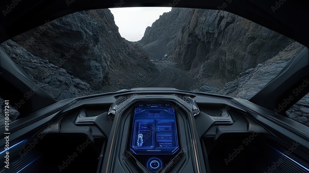 Poster a self-driving car's dashboard filled with ai and sensor data, showcasing autonomous vehicle technol