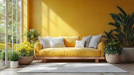 Cozy yellow sofa in a bright, plant-filled living space.