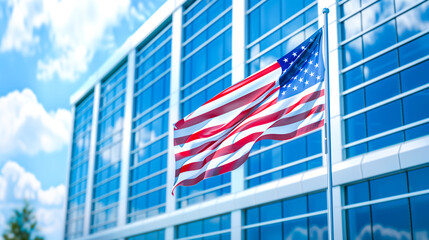 US America national flag and government building with skyscrapers.