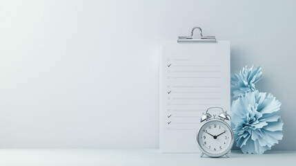 Time management concept, checklist and alarm clock with flowers on a minimalist background with copy space