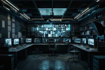 High-tech workspace with multiple screens and complex data displays, exuding a sleek and sophisticated surveillance vibe.