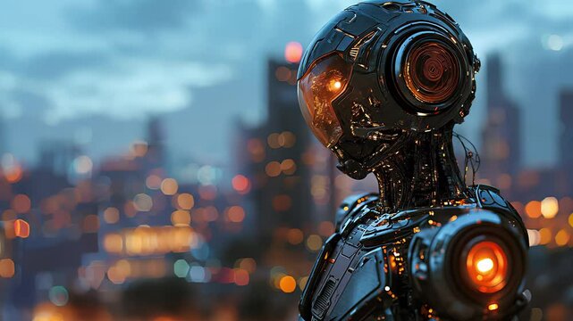 A robot walks down a wet street. Created with Generative AI.