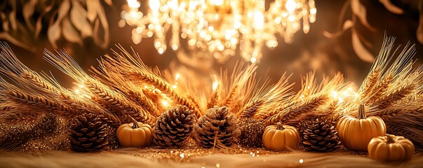 A Thanksgiving table centerpiece featuring golden wheat bundles, pinecones, and small decorative pumpkins under a glowing chandelier.