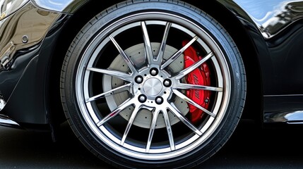 A single black car tire with distinctive tread paired with a polished alloy wheel, showcased on a jet-black surface.