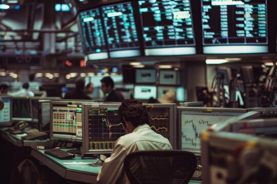 A bustling financial trading floor filled with analysts intensely focused on fluctuating stock graphs on multiple monitors.
