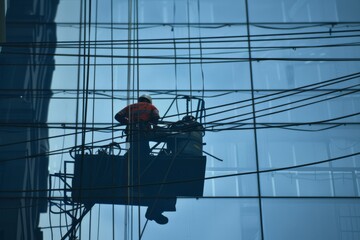 Fototapeta premium A silhouette of a worker suspended on a platform against a high-rise glass facade, embodying the dynamic essence of city maintenance and urban life.