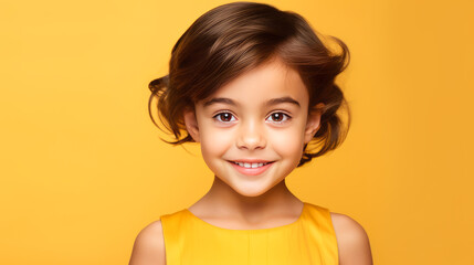 Portrait of smiling latin american girl child with yellow background.