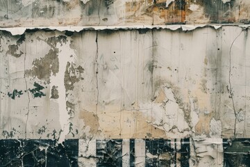 A distressed wall displays layers of peeling paint and worn textures, revealing a history of urban decay and artistic weathering in muted tones.