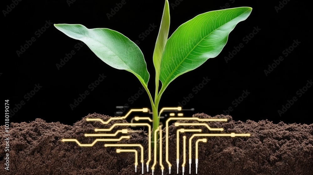 Poster a tech-inspired plant, its roots merging with circuits and wires, symbolizing the fusion of nature a