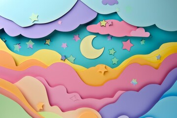 Bright pastel clouds swirl with stars and a crescent moon, illustrating a whimsical dreamland of soft and gentle skies.