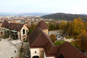 Aerial view of central Ljubljana, capital of  Slovenia, from Ljubljana Castle. Autumn in the...