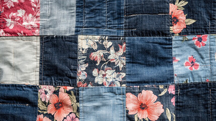 A patchwork quilt with denim and floral cloth square