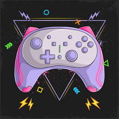 Hand drawn girly purple analog joystick game console, colorful video game controller and game pad