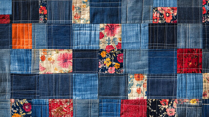 A patchwork quilt with denim and floral cloth square