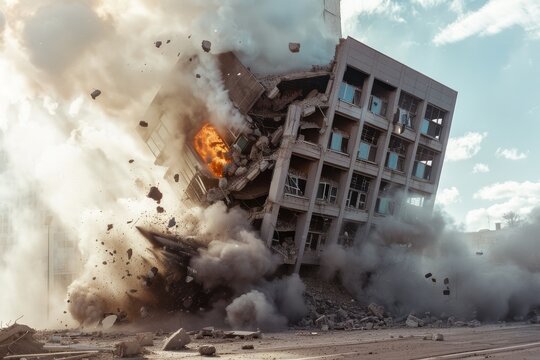 A building implodes in a dramatic cloud of dust and debris, symbolizing transformation through destruction.