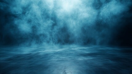 A dark, empty room with a concrete floor and blue smoke in the background.