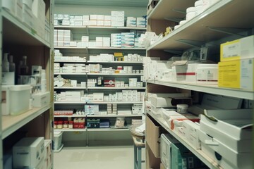 Packed pharmacy shelves reveal health products neatly organized, reflecting a harmonious blend of industry rigor and public convenience in healthcare.