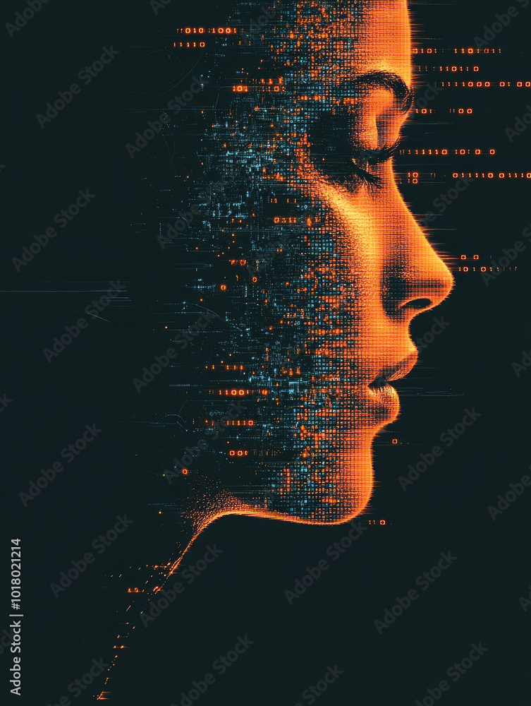Poster profile of a digital face with abstract orange binary patterns, symbolizing technology, artificial i