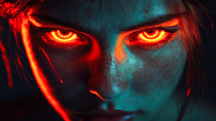 Fototapeta premium A woman focusing intensely with glowing red eyes, representing power, intensity, and futuristic advancements in human-tek merge.